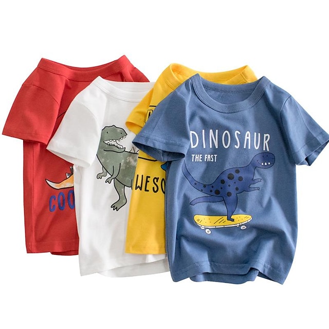  Børn Drenge T-shirt T-shirt Bogstaver Dinosaurus Kortærmet Bomuld Børne Top Afslappet Mode Daglig Sommer Hvid 2-8 år