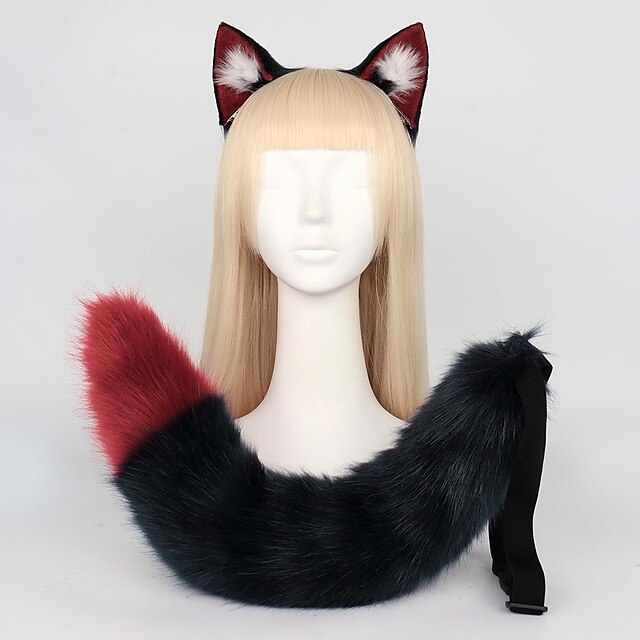  Lobo rabo de raposa grampo de cabelo toucado orelhas e cauda de pele de animal bandana traje cosplay halloween conjunto lolita