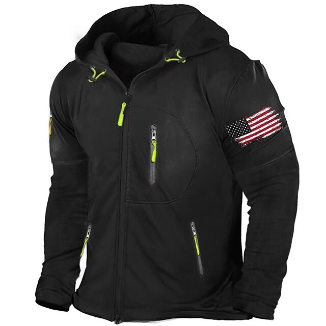  Independence Day Mens Graphic Hoodie American Flag Full Zip Jacket Black Light Grey Dark Gray Hooded Prints National Sports & Outdoor Daily Hot Work Fleece