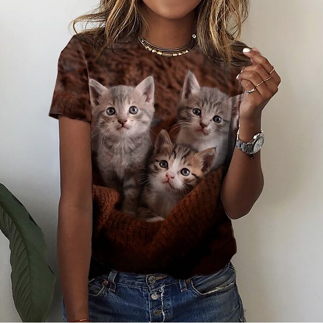  Women's T shirt Tee Brown Print Cat 3D Daily Weekend Short Sleeve Round Neck Basic Regular 3D Cat Painting S