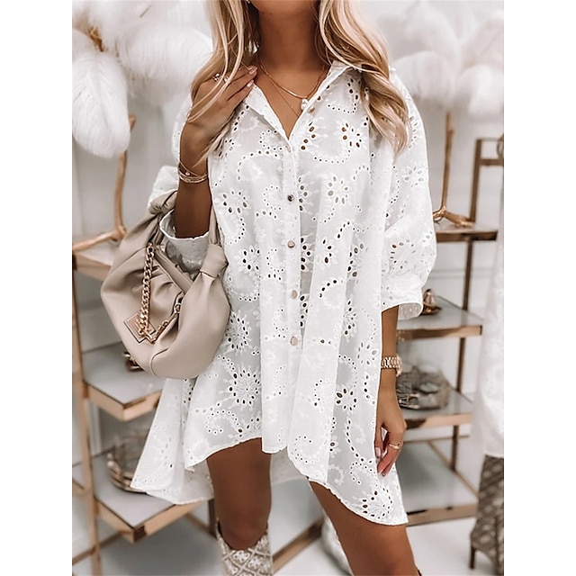  Women's Shirt Dress Casual Dress Outdoor Daily Vacation Mini Dress Basic Casual Polyester Hollow Out Button Shirt Collar Summer Spring Fall 3/4 Length Sleeve Loose Fit 2023 White Plain S M L XL