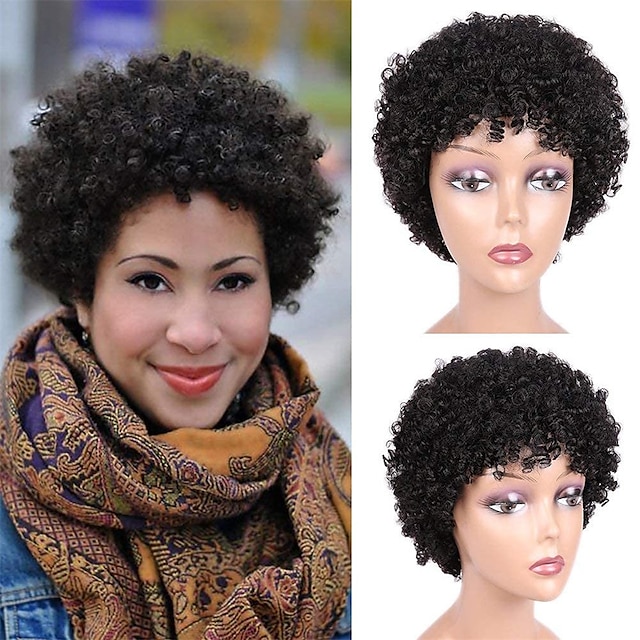  Short Curly Afro Wigs for Black Women Human Hair Natural Kinky Curly Wigs African American Wigs Short Black Kinky Hair Natural Looking 6.5 Inches