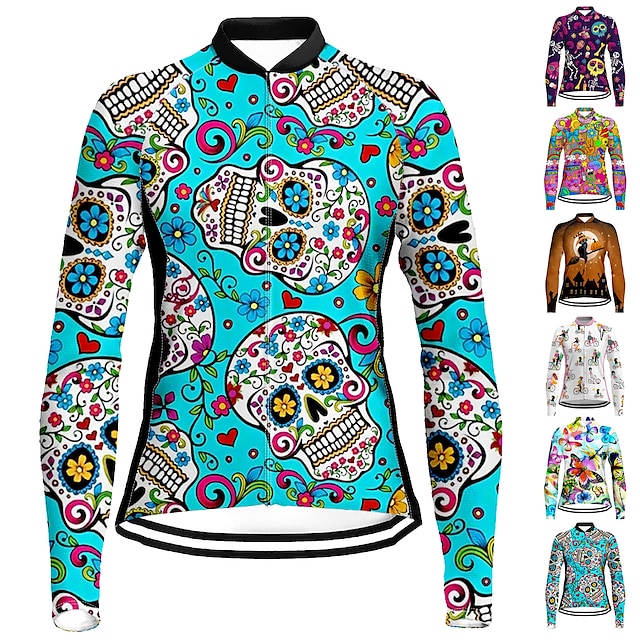  21Grams Women's Cycling Jersey Long Sleeve Bike Top with 3 Rear Pockets Mountain Bike MTB Road Bike Cycling Breathable Moisture Wicking Quick Dry Reflective Strips White Yellow Pink Skull Sports