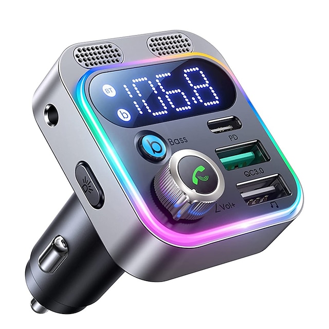 Bluetooth 5.3 FM Transmitter for Car Stronger Dual Mics Deep Bass Sound  48W PD&QC3.0 Car Charger Bluetooth Adapter