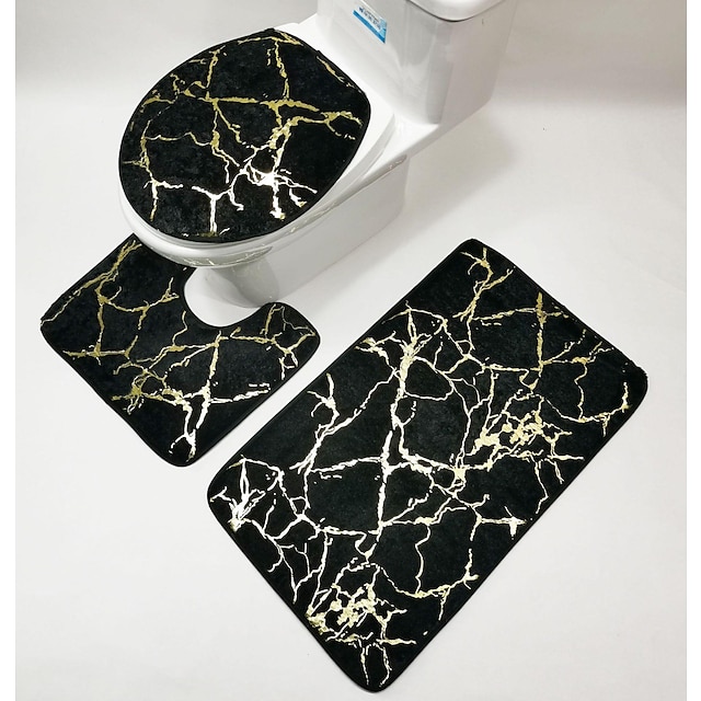  sort marmor bademåtte skridsikre badeværelsestæpper sæt 3 stykker med skridsikker tæppe, toiletlåg og bademåtte, guld badeværelsestæpper og måttesæt