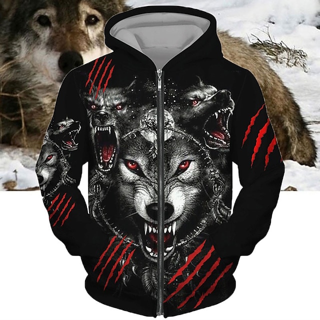 Men's Full Zip Hoodie Jacket Black Yellow Red Dark Gray Hooded Animal Wolf Graphic Prints Zipper Print Sports & Outdoor Daily Sports 3D Print Streetwear Designer Casual Spring &  Fall Clothing Apparel
