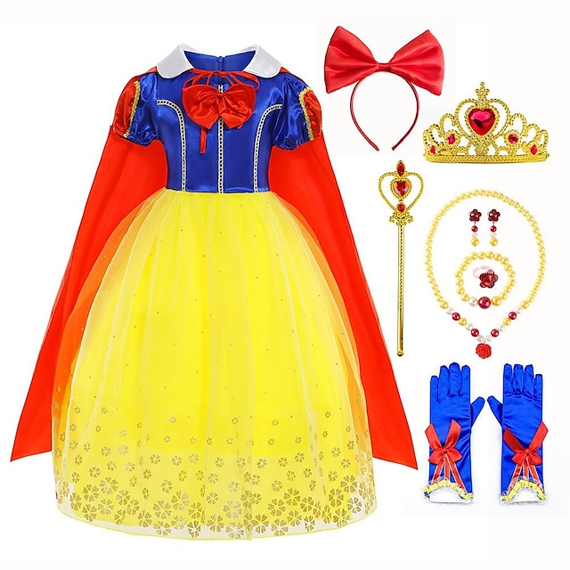  Frost Snövit Sagolikt Prinsessa Blommaflickaklänning Temafestdräkt Tyllklänningar Flickor Film-cosplay Cosplay Halloween Gul Gul (med tillbehör) Halloween Karnival Maskerad Klänning Tillbehörsset