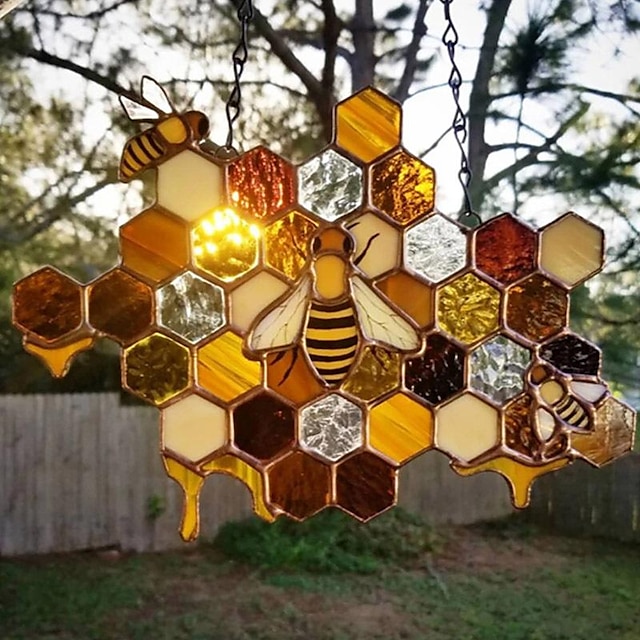  Bee Honeycomb Stained Glass Honeybee Window Hangings Ornament Suncatcher, Beehive Stained Glass Panel Handcrafted Modern Sunflower Stained Glass Window Hangings Colorful Bee Pendant Art Ornaments