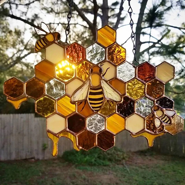 Bee Honeycomb Stained Honeybee Window Hangings Ornament Suncatcher, Beehive Stained Panel Handcrafted Modern Sunflower Stained Window Hangings Colorful Bee Pendant Art Ornaments 9
