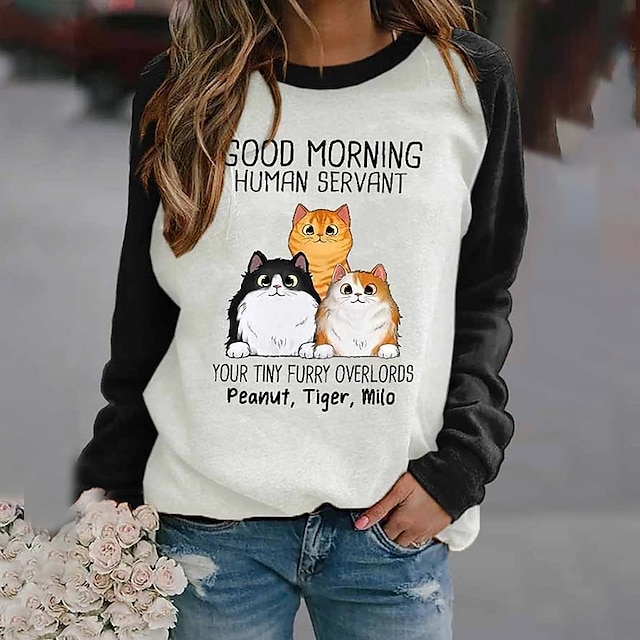  Women's T shirt Tee Black Red Blue Print Cat Text Daily Weekend Long Sleeve Round Neck Basic Regular Cat Painting S
