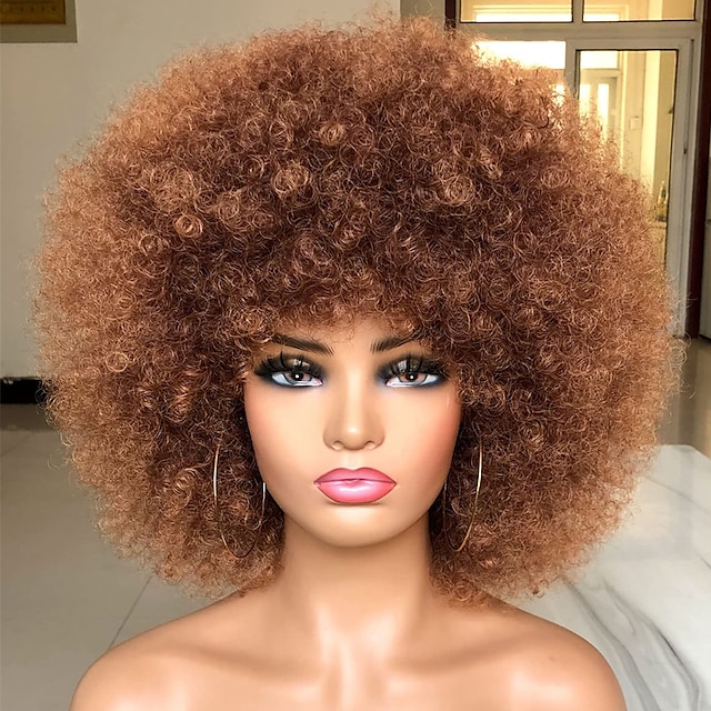 Short Afro Wig with Bangs for Black Women Afro Kinky Curly Wig 70s