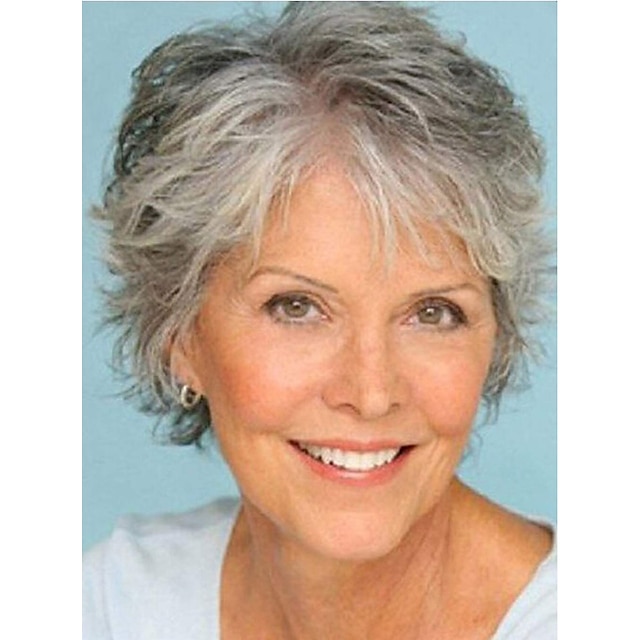  perruques grises courtes pour les femmes blanches mélangées gris argenté perruques ondulées bouclées avec une frange blanche perruques de cheveux courts synthétiques de grand-mère