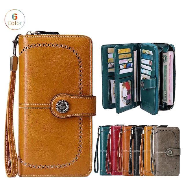  rfid-blokkerende lang lommebok med armbånd, lommebok i retrostil i kunstskinn med spor for flere kort & id-vindu