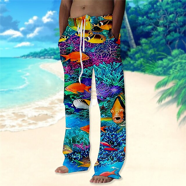 Men's Trousers Summer Pants Beach Pants Drawstring Elastic Waist Straight Leg Graphic Prints Fish Comfort Casual Daily Holiday Hawaiian Designer Red Blue4