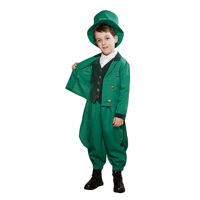  عيد القديس باتريك شامروك ايرلندية حفلة تنكرية للأطفال للصبيان الكوسبلاي مناسب للحفلات عيد القديس باتريك عطلة / عيد البوليستر أخضر سهل كرنفال ازياء لون سادة