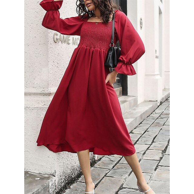  Women's Casual Dress Swing Dress Midi Dress Red Beige Light Blue Pure Color Long Sleeve Winter Fall Spring Ruched Fashion Square Neck Loose Fit Daily Vacation 2023 S M L XL