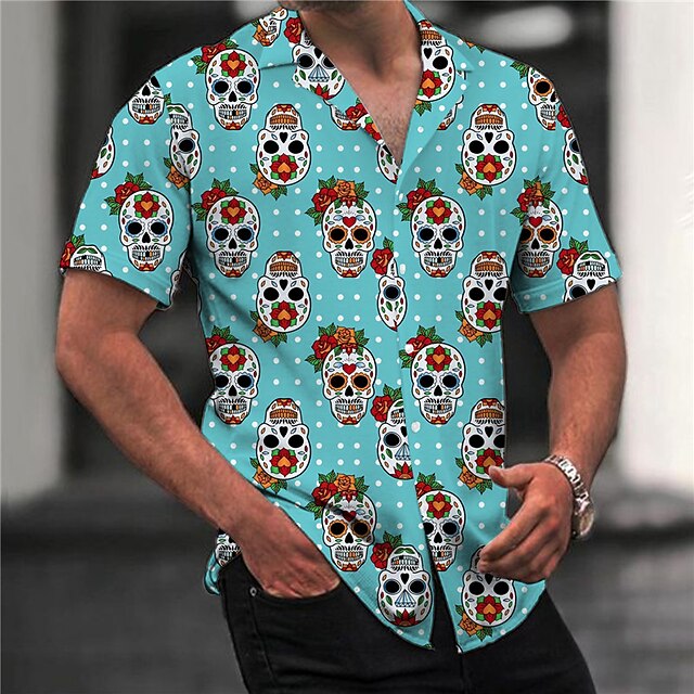 Day Of The Dead Mens Graphic Shirt Summer Hawaiian Floral Skull Prints Turndown Black Blue Casual Holiday Short Sleeve Button Clothing Apparel Sugar Skulls And Roses Cotton Button-Down3