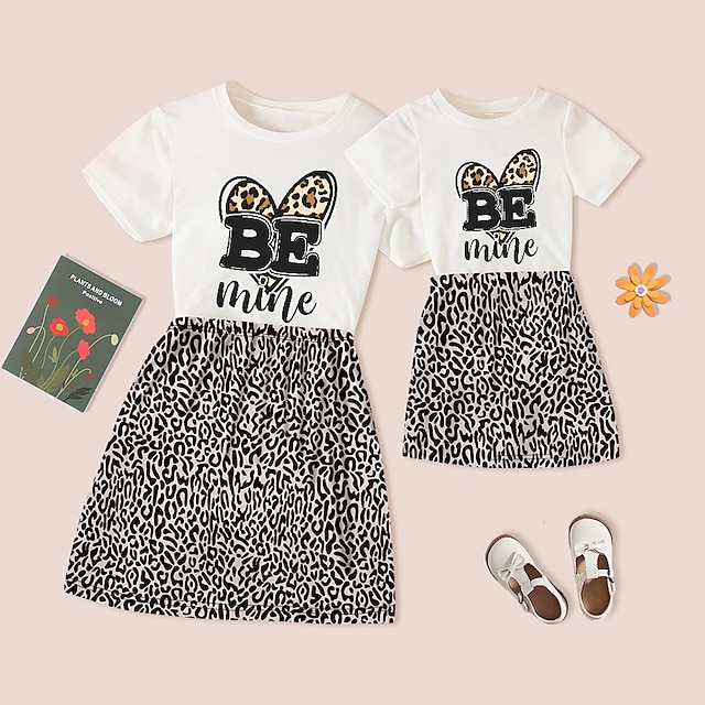  Mommy and Me Valentines Family Sets Leopard Heart Letter Outdoor Crewneck Multicolor Short Sleeve Knee-length Mommy And Me Outfits Adorable Matching Outfits