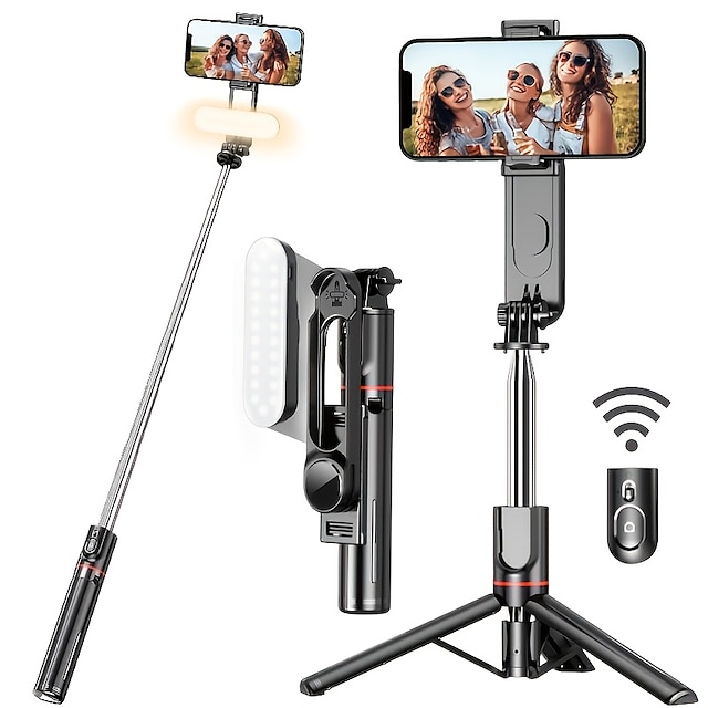  stabiele selfie stick statief met invullicht 44 inch uitschuifbare selfie stick met draadloze afstandsbediening en statief 360 rotatie voor iphone 14/13/12/11 pro/xs max/xs/xr/x/8/7 samsung en