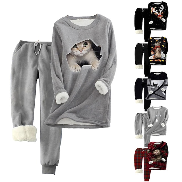  Women's Plus Size Tops Fleece Set Animal Cat Print Long Sleeve Crew Neck Casual Teddy Home Vacation Polyester Winter Fall Black And White Black