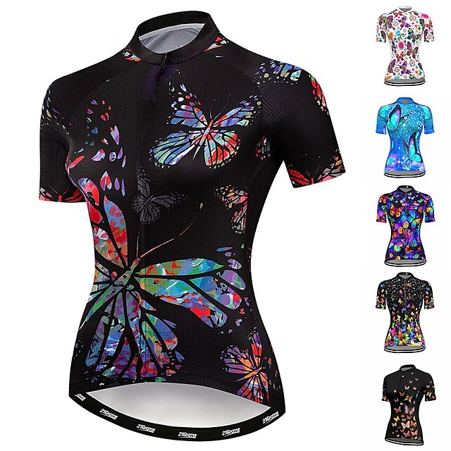  21Grams Women's Cycling Jersey Short Sleeve Bike Jersey Top with 3 Rear Pockets Mountain Bike MTB Road Bike Cycling Breathable Quick Dry Moisture Wicking Back Pocket Black White Blue Butterfly Sports