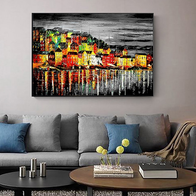 Handmade Oil Painting Canvas Wall Art Decoration Modern Architecture Lighted Quay Landscape for