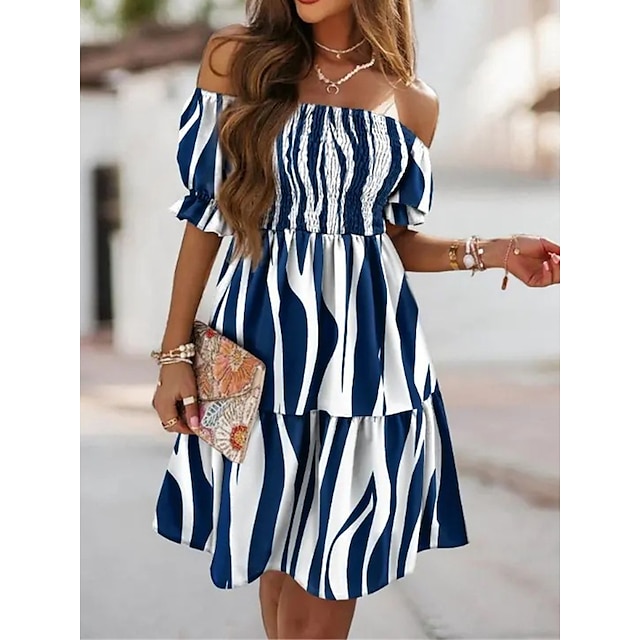  Women's Casual Dress Floral Color Block Tiered Dress Print Dress Off Shoulder Ruched Backless Mini Dress Outdoor Daily Streetwear Slim Short Sleeve Black And White Black Blue Fall Spring S M L XL XXL