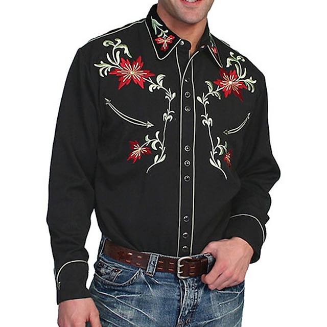 Men's Shirt Western Shirt Floral Graphic Prints Turndown Black Outdoor ...
