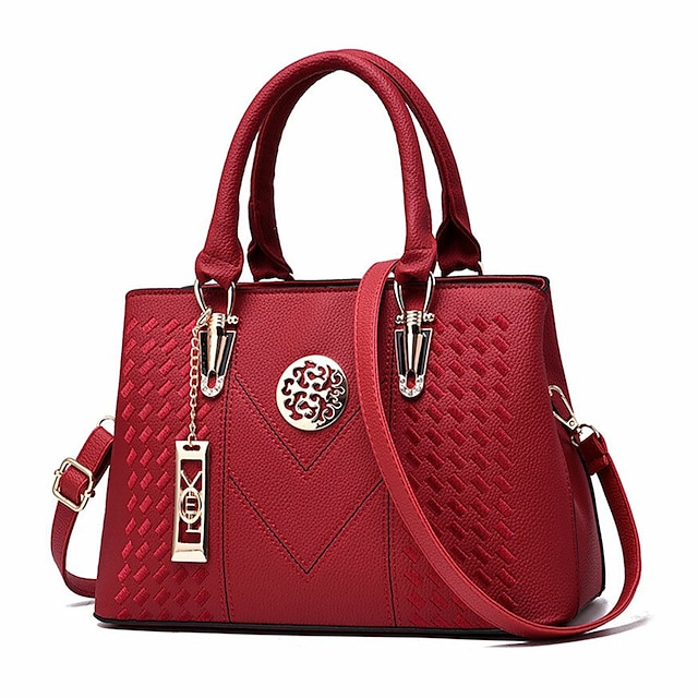  Women's Handbag Crossbody Bag Shoulder Bag PU Leather Office Daily Pendant Chain Embossed Solid Color Wine Red Rubber powder Black