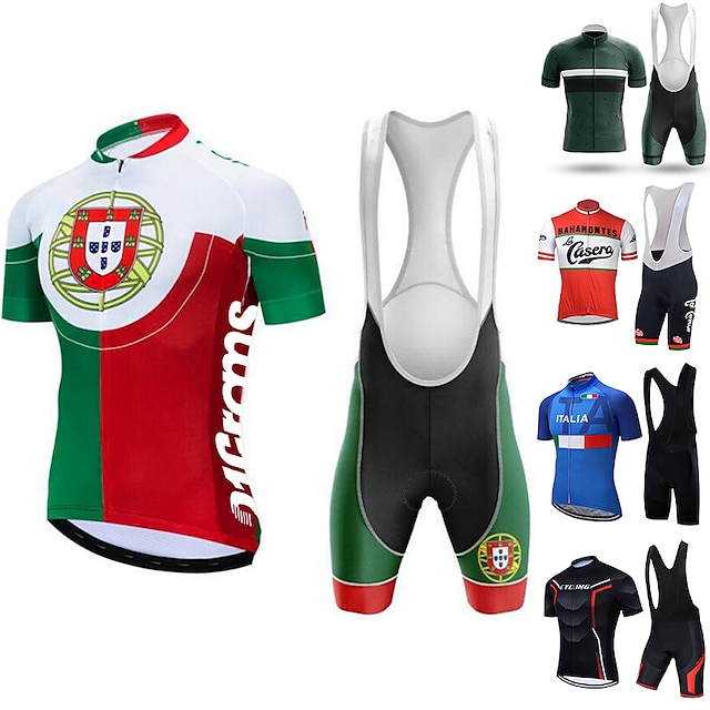  21Grams Men's Cycling Jersey with Bib Shorts Short Sleeve Mountain Bike MTB Road Bike Cycling Winter Black Red Dark Green Portugal National Flag Bike Clothing Suit UV Resistant Quick Dry Back Pocket