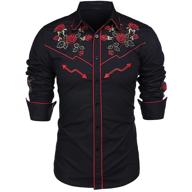  Homme Chemise Chemise Western Rose Imprimés Photos Col rabattu Noir Blanche Kaki Extérieur Plein Air manche longue Imprimer Bouton bas Vêtement Tenue Mode Vêtement de rue Design style occidental