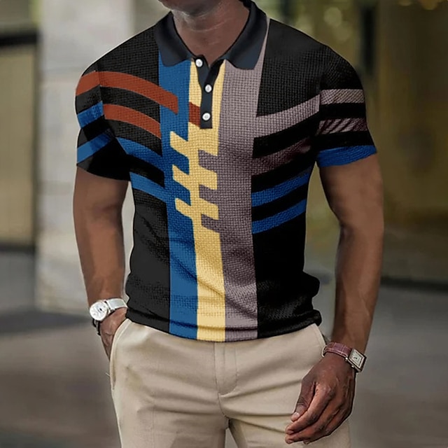  Men's Polo Shirt Waffle Polo Shirt Golf Shirt Geometry Turndown Yellow Pink Blue Sky Blue Orange 3D Print Outdoor Street Short Sleeves Print Button-Down Clothing Apparel Fashion Designer Casual