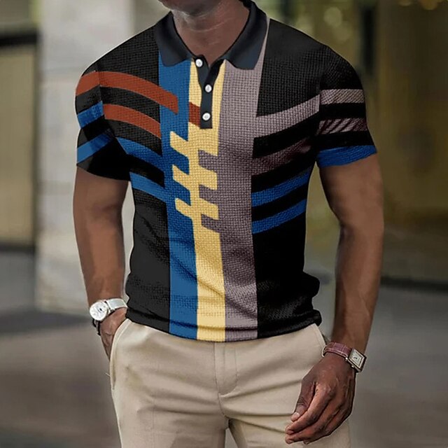 Men's Polo Shirt Waffle Polo Shirt Golf Shirt Geometry Turndown Yellow ...