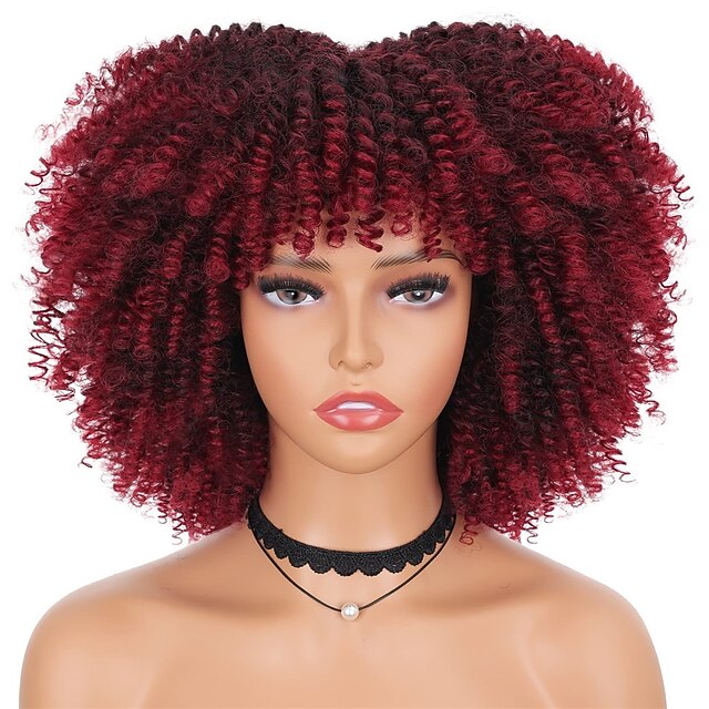 Curly Afro Wigs for Black Women Curly Afro Wig With Bangs Ombre Red
