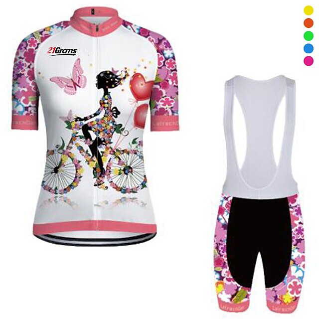  21Grams Women's Cycling Jersey with Bib Shorts Short Sleeve Mountain Bike MTB Road Bike Cycling Pink+White Yellow Blue Butterfly Floral Botanical Bike Breathable Ultraviolet Resistant Quick Dry Sports