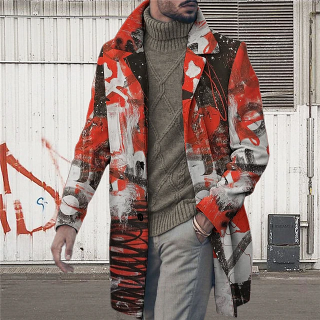 Men's Graphic Prints Graffiti Winter Coat Overcoat Coat Warm Comfortable Breathable Fashion Streetwear Business Work Wear to work Going out Pocket Print Fall & Winter Turndown Long Sleeve Red Blue 7