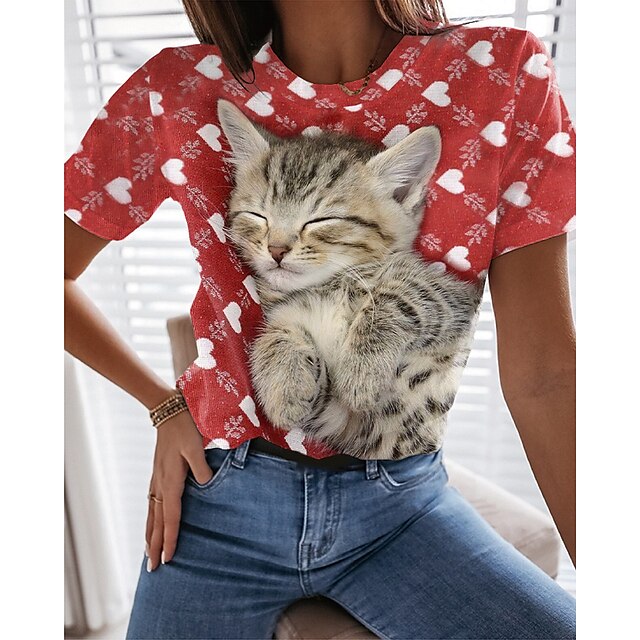  Damen T Shirt Rote Bedruckt Katze Herz Täglich Wochenende Kurzarm Rundhalsausschnitt Basic Standard 3D Cat Farbe S