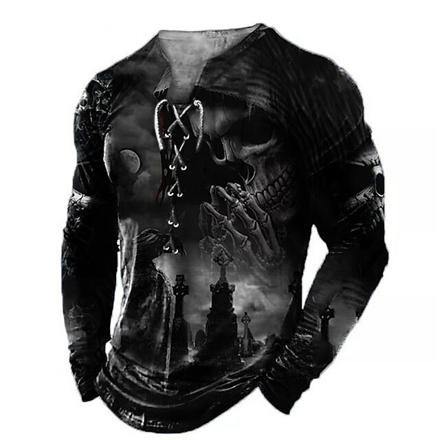 Men's T shirt Tee Tee Graphic Skulls Collar Clothing Apparel 3D Print Casual Daily Going out Long Sleeve Lace up Print Fashion Designer Comfortable2