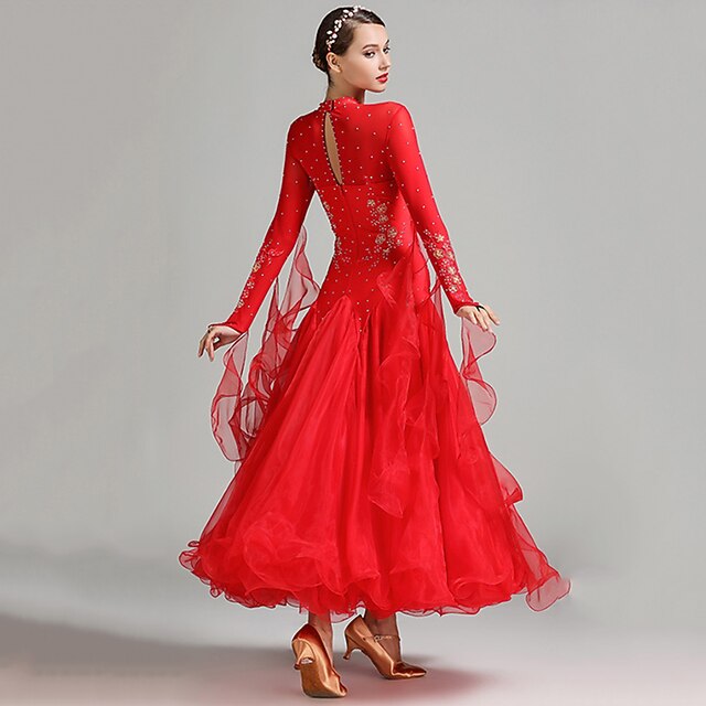 Women's Dancewear Ballroom Dance Dress Embroidery Appliques Crystals/Rhinestones Women's Performance Training Long Sleeve