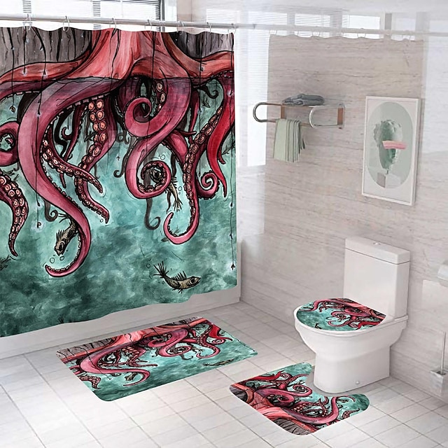  4Pcs Shower Curtain Set with Rug Toilet Lid Cover Sets with Non-Slip Rug Bath Mat for Bathroom,Octopus Pattern,Waterproof Polyester Shower Curtain with 12 Hooks,Bathroom Decoration