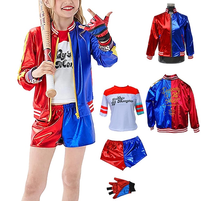  Harley Quinn Costume Suicide Squad 4Pcs Clown Cosplay Costume Outfits Kids Adults Girls' Women Movie Cosplay Halloween T-shirt Coat Pants Gloves Carnival Masquerade World Book Day Costumes