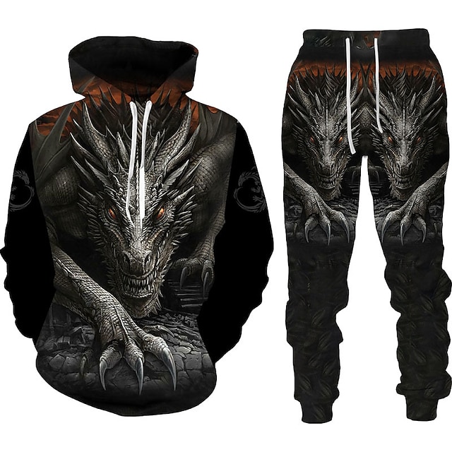  Men's Tracksuit Hoodies Set Black Red Orange Dark Gray Hooded Graphic Dragon 2 Piece Print Sports & Outdoor Casual Sports 3D Print Streetwear Designer Basic Spring Fall Clothing Apparel Hoodies