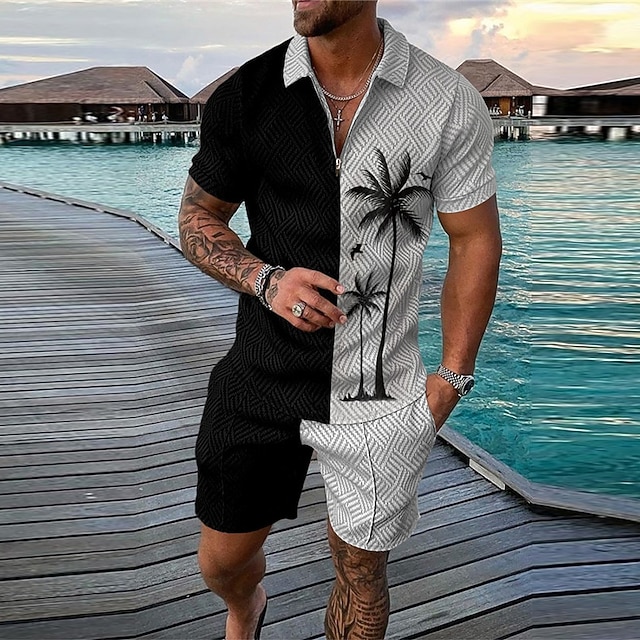 Men's Curve Character Polo Shirts Hawaiian Polo Shirts Golf Shirt Polo Set Short Sleeve Shirt Turndown Street Casual Black Blue Green Khaki Zipper Print Clothing Apparel Fashion Designer Casual 5