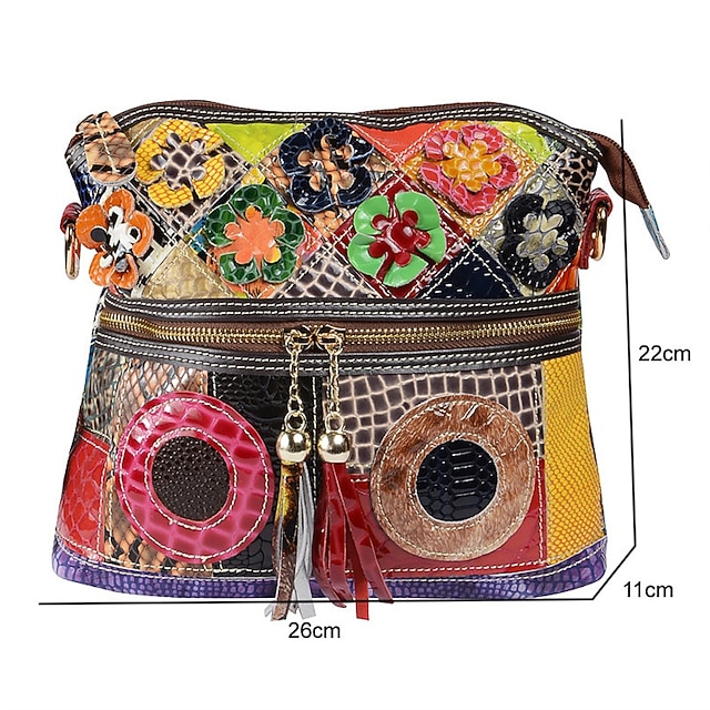 3D Bloemen Tote Schoudertas Dames Zomer Top-handvat Tas Echt Leer Met Veel Zakken Cross Body Tas, Multi-kleuren-OneSize