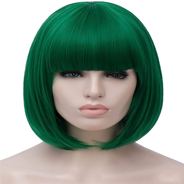  gröna peruker för kvinnor 12'' kort grön bob peruk med lugg naturlig syntetisk mjuk peruk söta färgade peruker för st patrick's day party halloween