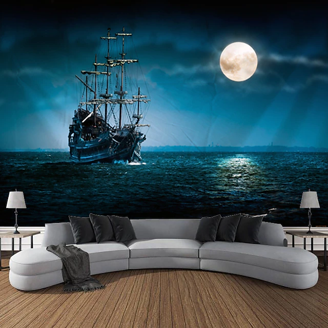 Nature Landscape Hanging Tapestry Wall Art Marine Sailing Moon Large Tapestry Mural Decor Photograph Backdrop Blanket Curtain Home Bedroom Living Room Decoration Pirate 17