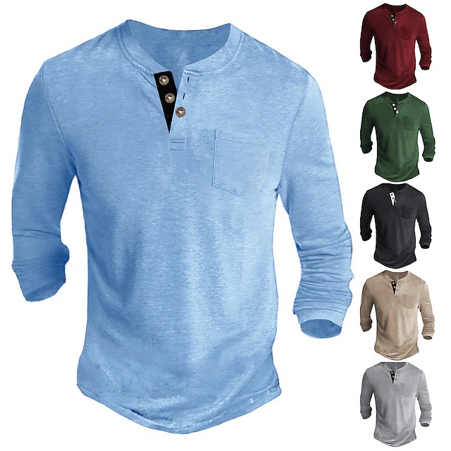 Men's Henley Shirt Tee Long Sleeve Shirt Plain Henley Casual Holiday Long Sleeve Button-Down Clothing Apparel Cotton Blend Fashion Designer Comfortable Essential 23