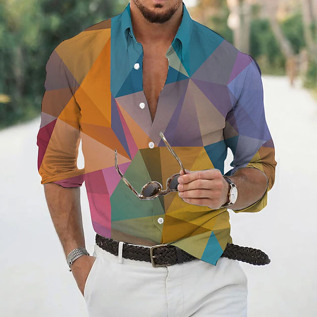 Men's Geometric Pattern Geometry Shirt Button Up Shirt Long Sleeve Fashion Designer Casual Outdoor Casual Daily Fall & Winter Turndown Print Button-Down Yellow Light Green Royal Blue Blue Purple 6