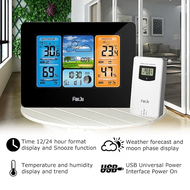  FanJu Wireless Digital Thermometer Hygrometer Barometer Weather Station Frost Alarm Clock Forecast Daily Electronic Wall Watch