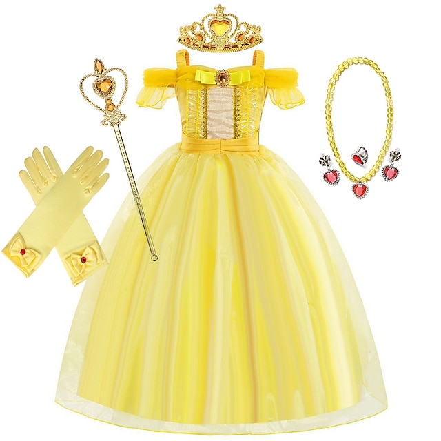  Sleeping Beauty Beauty and the Beast Fairytale Princess Belle Flower Girl Dress Theme Party Costume Tulle Dresses Girls' Movie Cosplay Halloween Yellow With Accessories Dress World Book Day Costumes